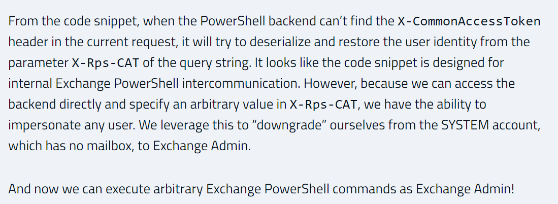 Extract from ProxyShell blog showing X-Rps-CAT Privilege Escalation Technique